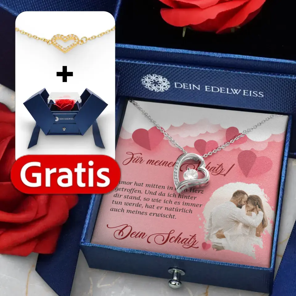 18K Goldherz-Halskette mit strahlendem Strassstein + Gratis Herz-Zirkonia-Armband